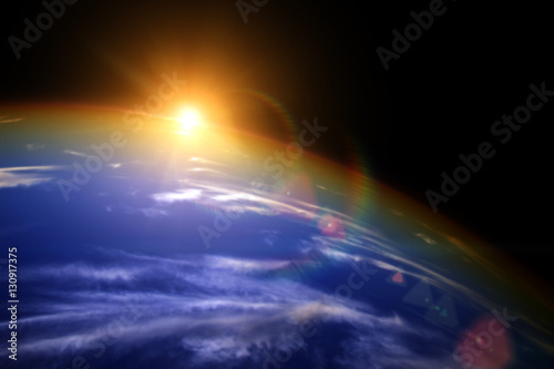 The sun on the horizon of the world from the perspective of spac
