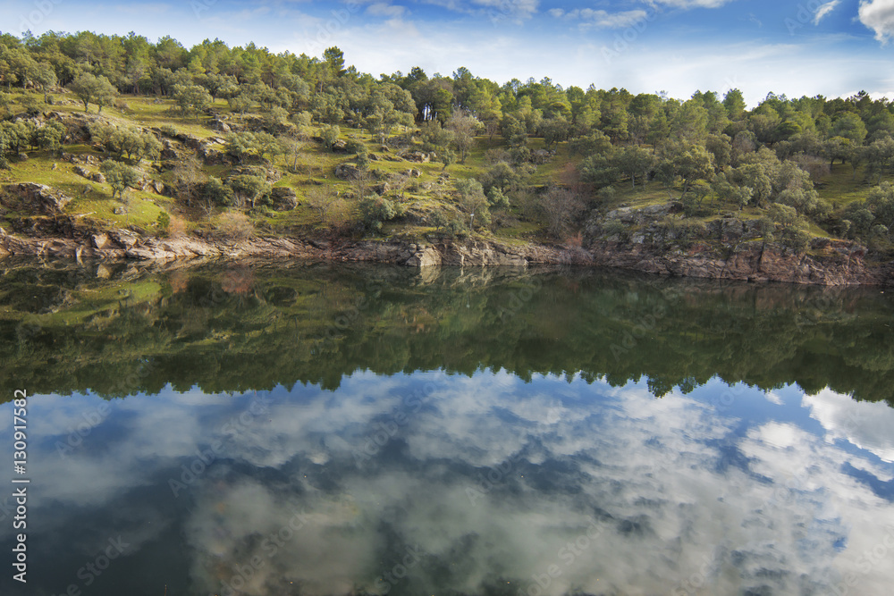 Beautiful river landscape and reflections, Spain, Madrid, Buitrago de Lozoya.