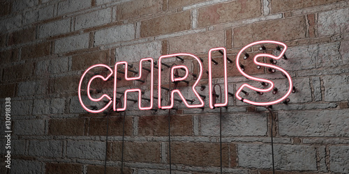 CHRIS - Glowing Neon Sign on stonework wall - 3D rendered royalty free stock illustration.  Can be used for online banner ads and direct mailers..