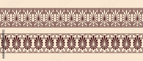 Set of seamless vintage ornament with elements of Greek and Gothic style. Brown pattern on a beige background.