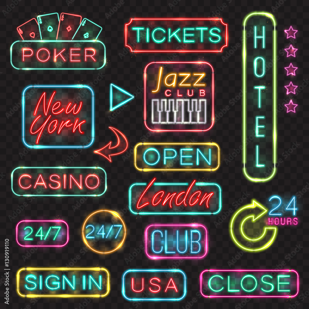 Neon signs. Vector neon lights illustrations icons for poker