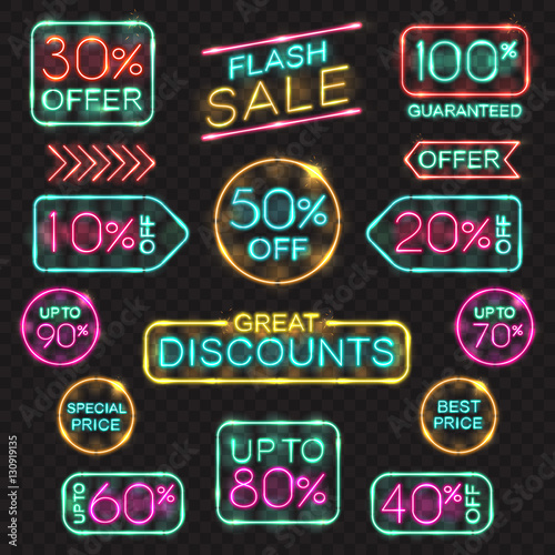 Neon signs set. Vector price tags, labels for promotion, sales banner, offers, shop price, frames in neon lights style.