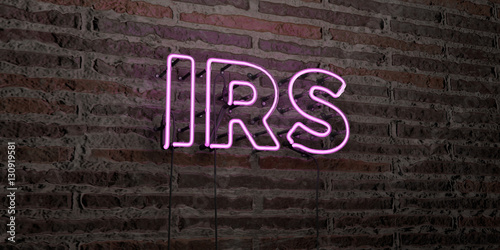 IRS -Realistic Neon Sign on Brick Wall background - 3D rendered royalty free stock image. Can be used for online banner ads and direct mailers.. photo