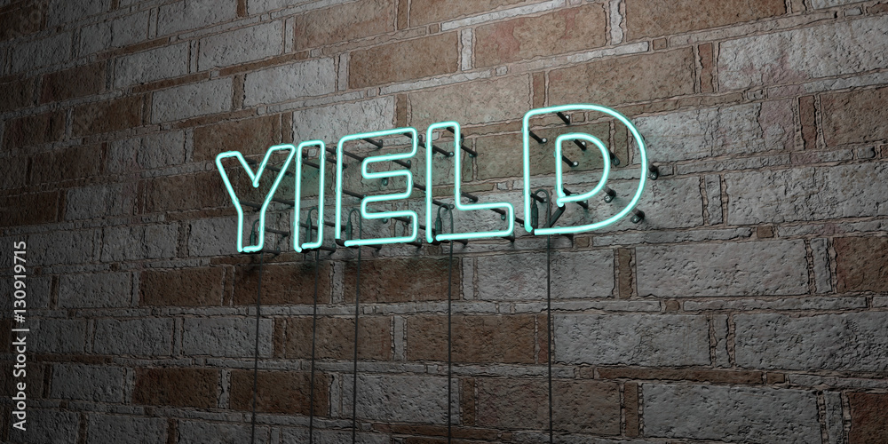 Naklejka premium YIELD - Glowing Neon Sign on stonework wall - 3D rendered royalty free stock illustration. Can be used for online banner ads and direct mailers..