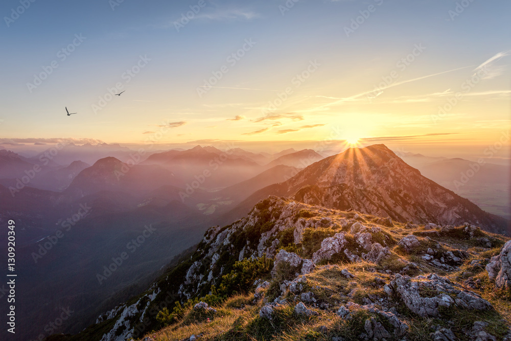 Mountain summit landscape at sunset - obrazy, fototapety, plakaty 