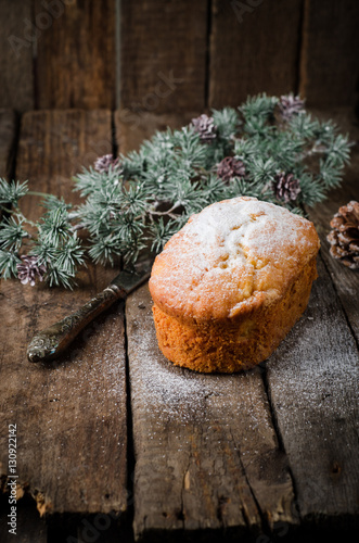 freshly baked cake with icing sugar on wooden background with fir trees branch. Christmas mood. Selective focus