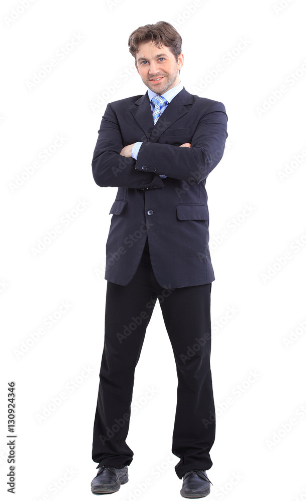 Full body portrait of happy smiling business man, isolated on white background