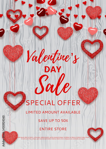 Valentine's Day sale poster. Romantic composition with garlands from paper. Beautiful backdrop with heart from threads on wooden texture. Vector illustration.