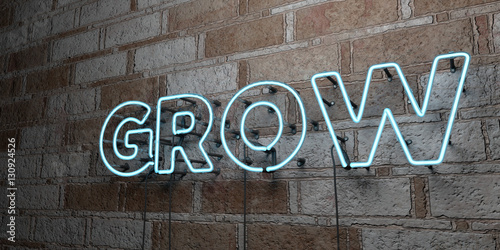 Valokuvatapetti GROW - Glowing Neon Sign on stonework wall - 3D rendered royalty free stock illustration