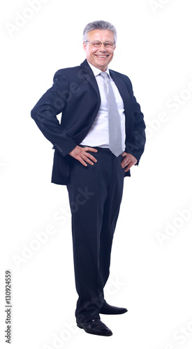 Full body portrait of happy smiling business man, isolated on white background