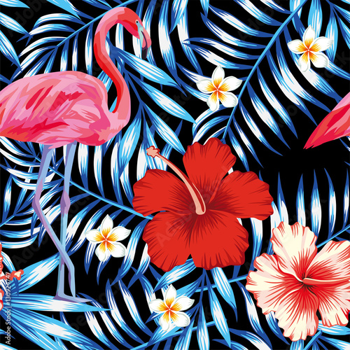 hibiskus flaming plumeria liście palmowe niebieski wzór