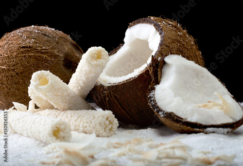 Coconuts and coconut sweets. Selective focus and small depth of field.