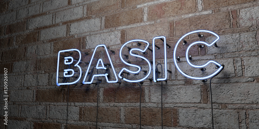 Fototapeta premium BASIC - Glowing Neon Sign on stonework wall - 3D rendered royalty free stock illustration. Can be used for online banner ads and direct mailers..