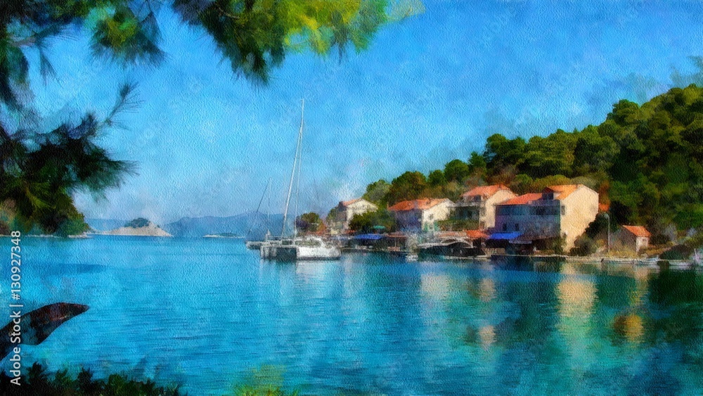 watercolor painting  of Mediterranean coastal homes