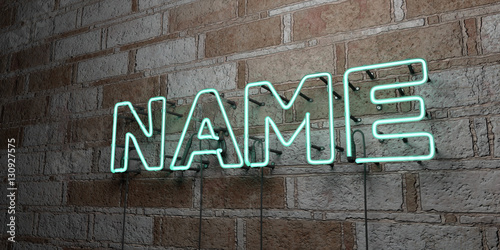 NAME - Glowing Neon Sign on stonework wall - 3D rendered royalty free stock illustration.  Can be used for online banner ads and direct mailers.. photo
