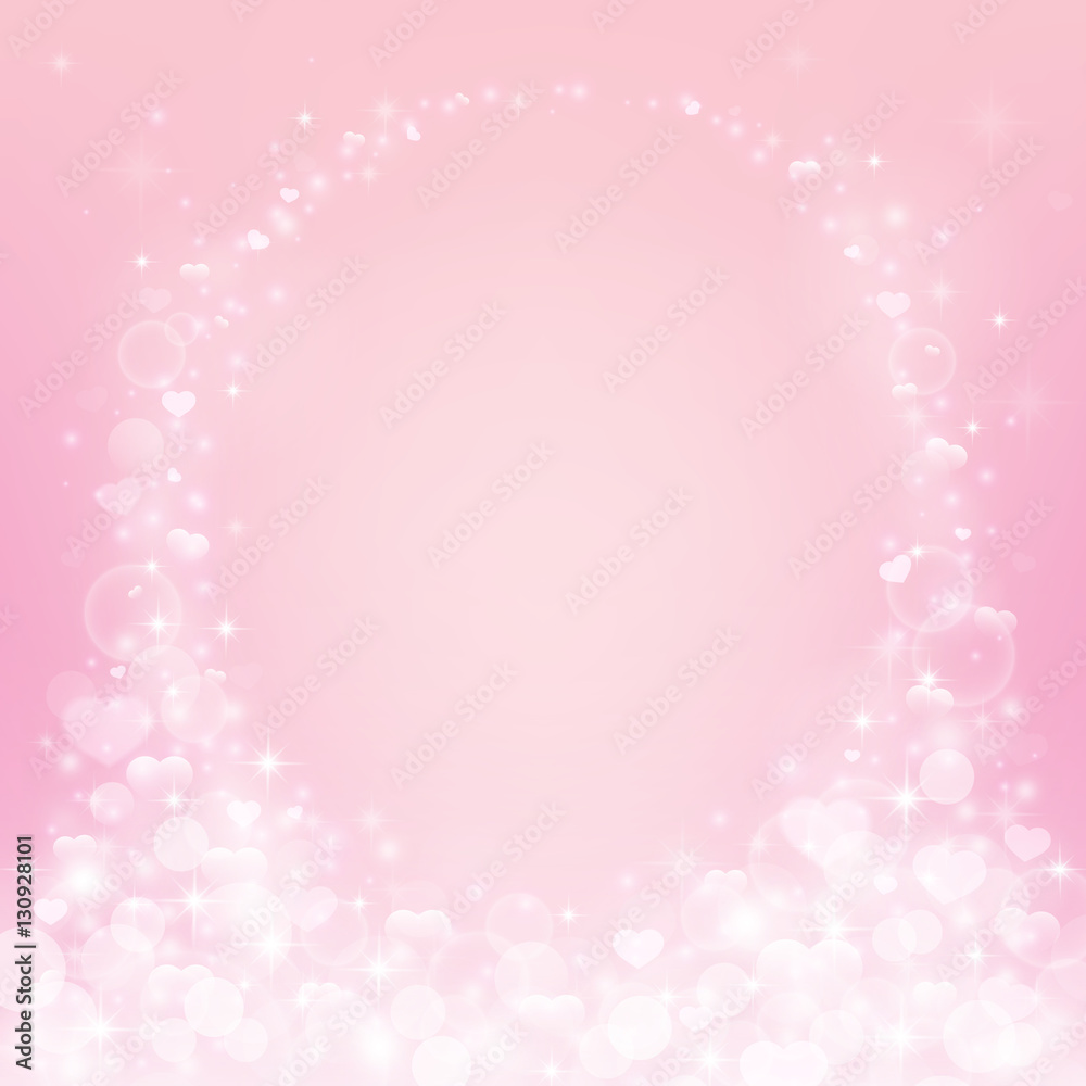 Romantic pink background with hearts, bokeh lights, stars and sparkles. Vector illustration.