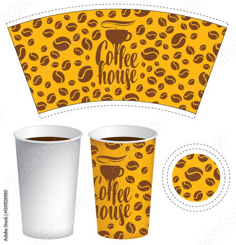 template of paper cup for hot drink with the background of coffee beans