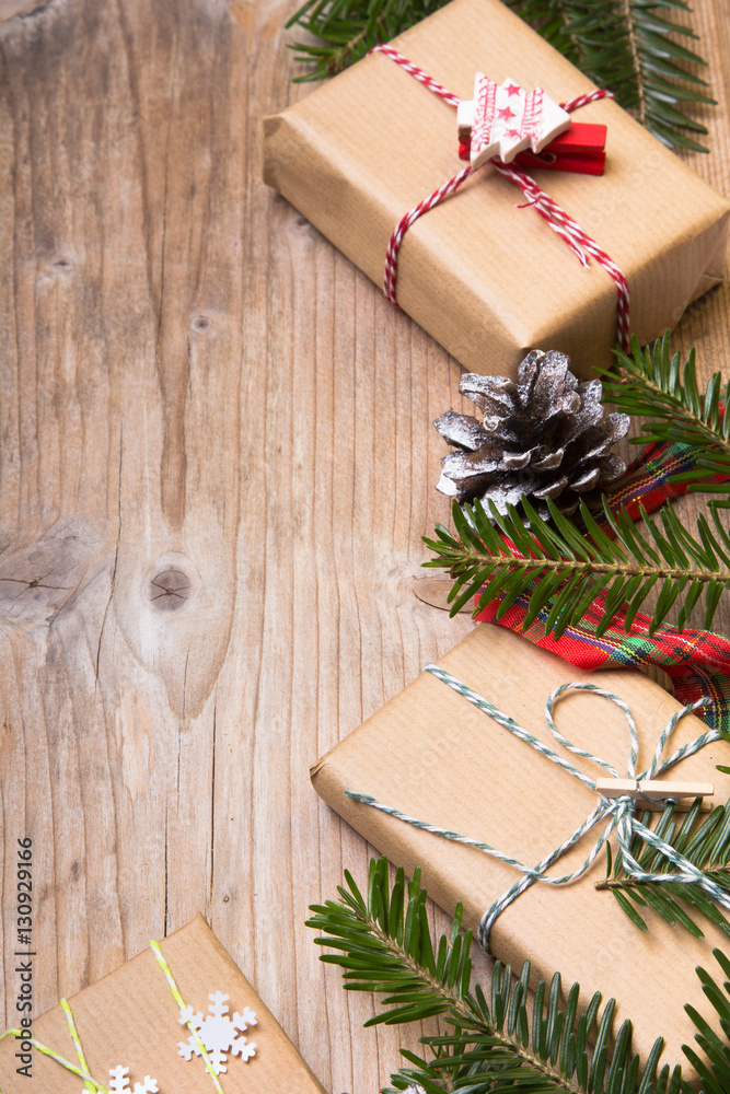 Christmas presents on wooden background, retro style with copy space Christmas presents on wooden background, retro style with copy space