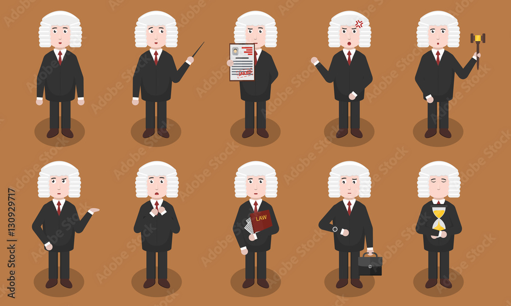 Set of vector cartoon judge character in various situations and emotions. Concept of law authority, court and justice. Set of vector cartoon judge character in various situations and emotions. Concept of law authority, court and justice.