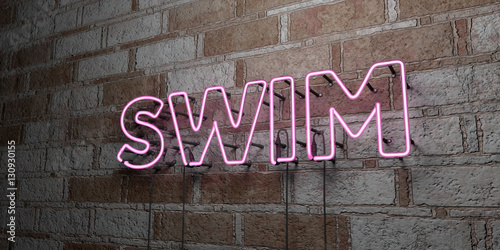 SWIM - Glowing Neon Sign on stonework wall - 3D rendered royalty free stock illustration. Can be used for online banner ads and direct mailers..