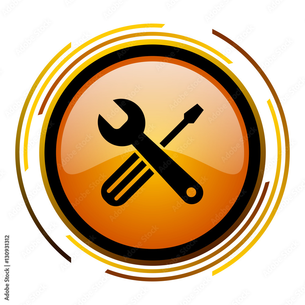 Tools sign vector icon. Modern design round orange button isolated on white square background for web and application designers in eps10. Tools sign vector icon. Modern design round orange button isolated on white square background for web and application designers in eps10.