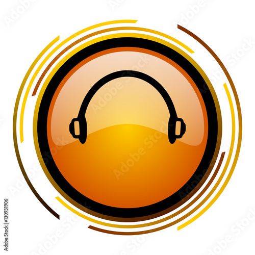 Hedphones sign vector icon. Modern design round orange button isolated on white square background for web and application designers in eps10. 