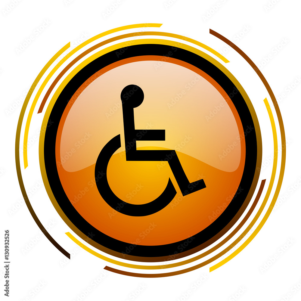 Wheel chair sign vector icon. Modern design round orange button isolated on white square background for web and application designers in eps10. Wheel chair sign vector icon. Modern design round orange button isolated on white square background for web and application designers in eps10.