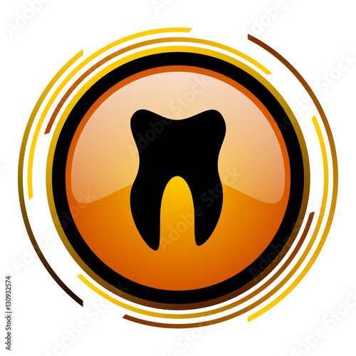 Tooth sign vector icon. Modern design round orange button isolated on white square background for web and application designers in eps10.