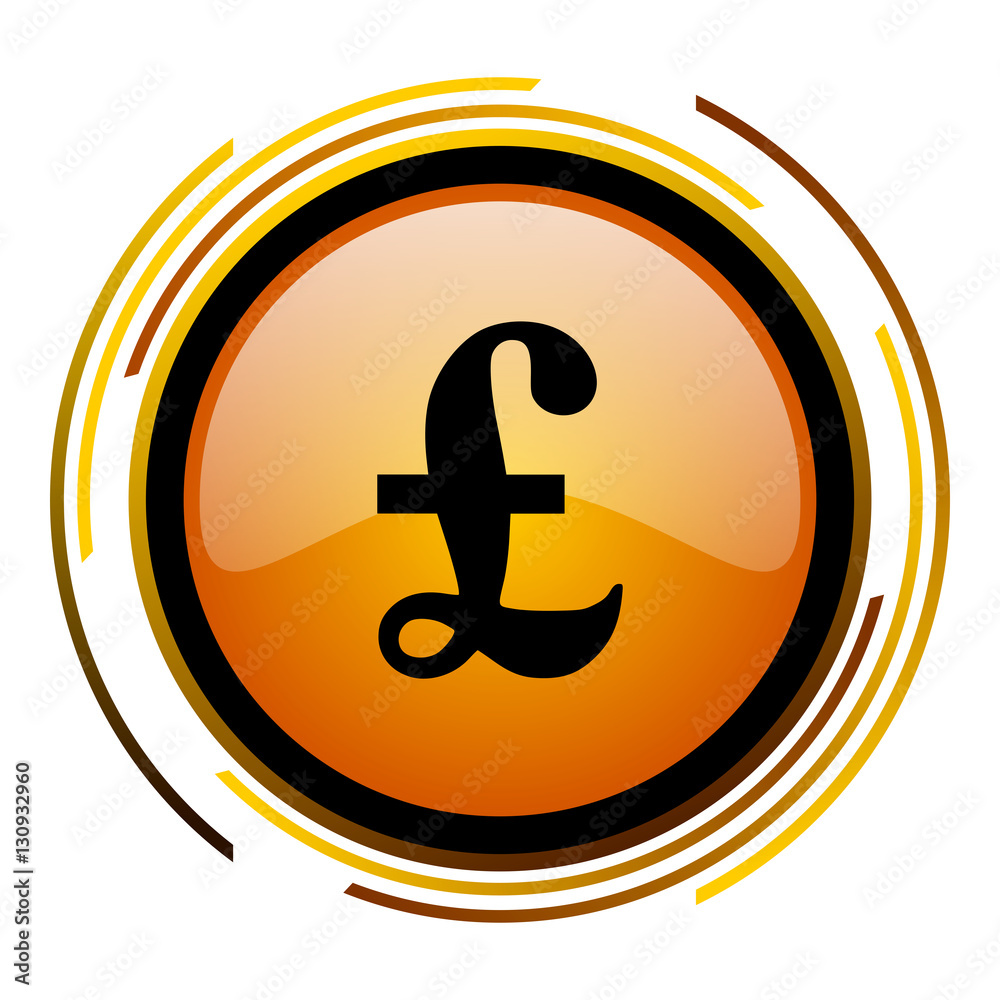 British pound sign vector icon. Modern design round orange button isolated on white square background for web and application designers in eps10.