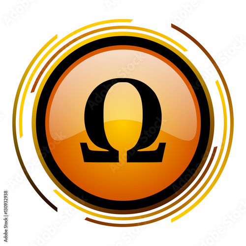 Greek letter omega sign vector icon. Modern design round orange button isolated on white square background for web and application designers in eps10.