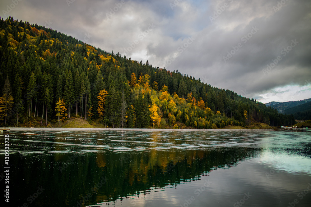 Forest reflection in lake water in Carpathians, autumn 2016