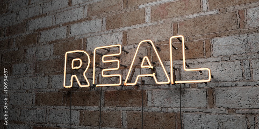REAL - Glowing Neon Sign on stonework wall - 3D rendered royalty free stock illustration. Can be used for online banner ads and direct mailers.. REAL - Glowing Neon Sign on stonework wall - 3D rendered royalty free stock illustration. Can be used for online banner ads and direct mailers..