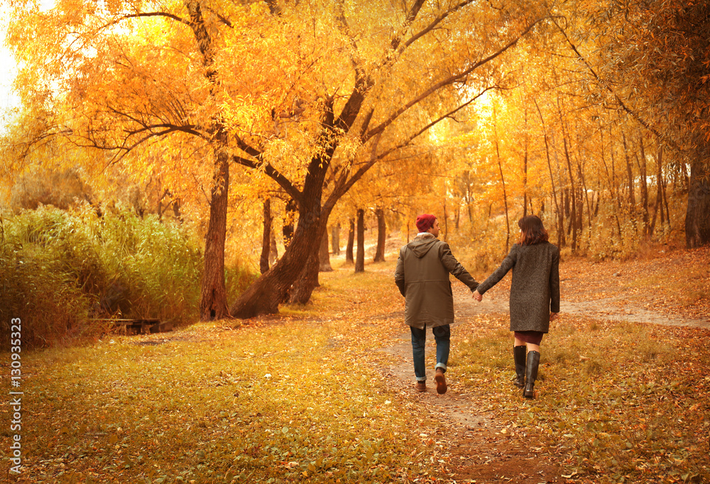Beautiful young couple walking in autumn park