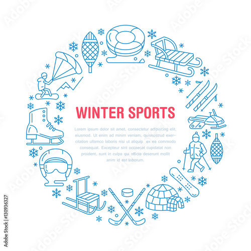 Winter sports banner, equipment rent at ski resort. Vector line icon of skates, hockey sticks, sleds, snowboard, snow tubing hire. Cold season outdoor activities template with place for text