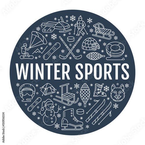 Winter sports banner, equipment rent at ski resort. Vector line icon of skates, hockey sticks, sleds, snowboard, snow tubing hire. Cold season outdoor activities template with place for text