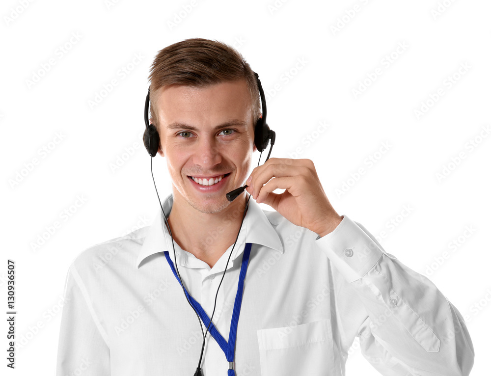 Young male technical support dispatcher on white background Young male technical support dispatcher on white background