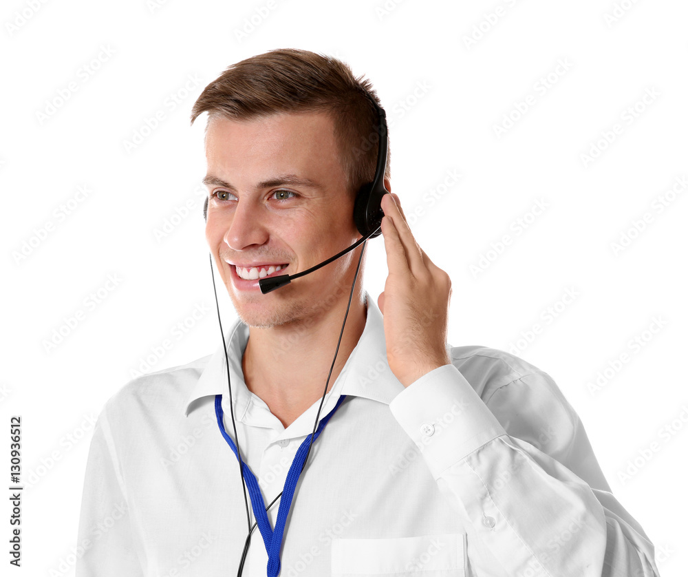 Young male technical support dispatcher on white background Young male technical support dispatcher on white background