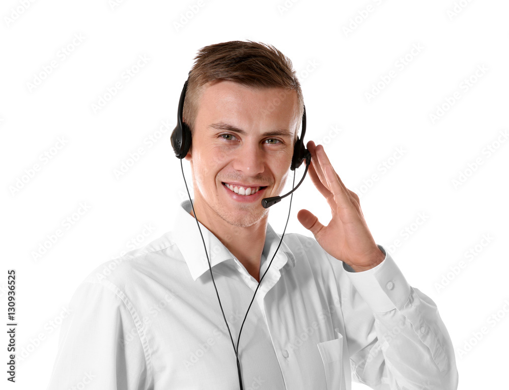 Young male technical support dispatcher on white background Young male technical support dispatcher on white background