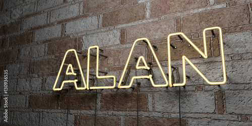 ALAN - Glowing Neon Sign on stonework wall - 3D rendered royalty free stock illustration. Can be used for online banner ads and direct mailers..