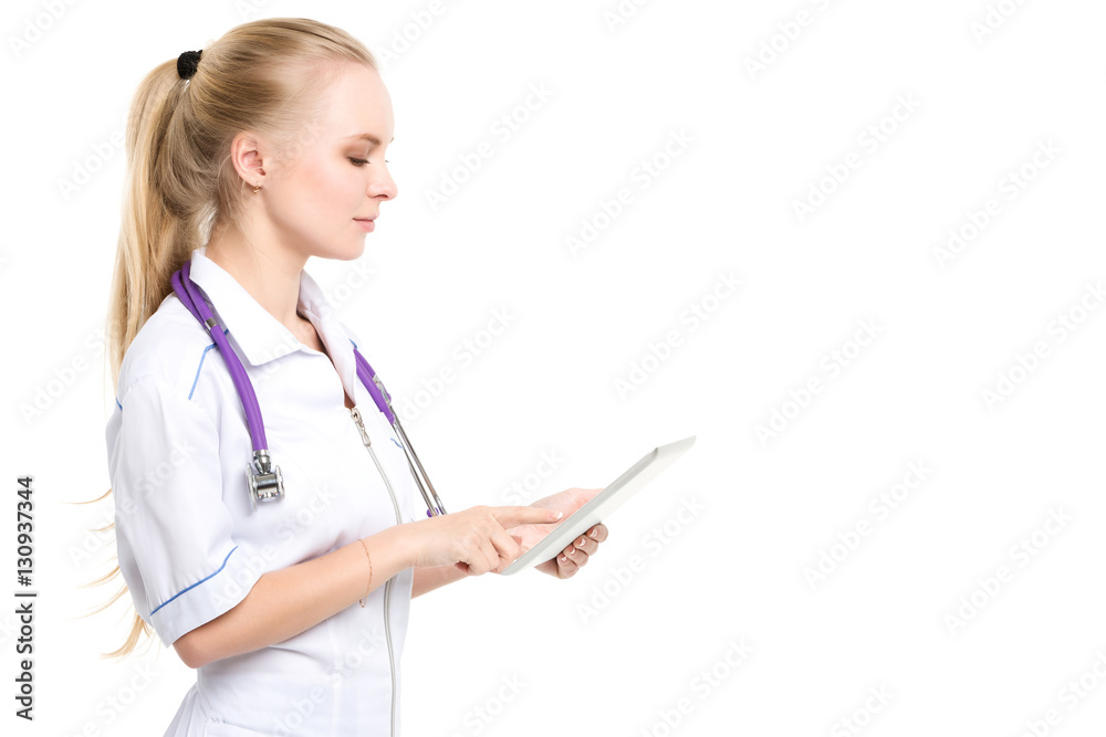Female doctor with clipboard, isolated. Female doctor with clipboard, isolated.