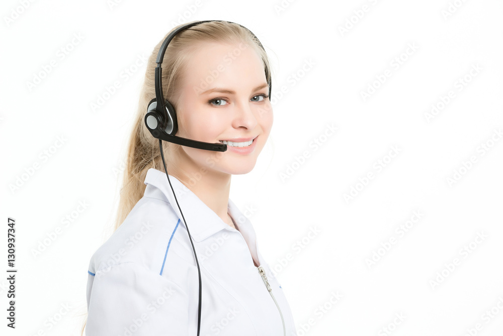Woman doctor operator isolated on white background. Woman doctor operator isolated on white background.