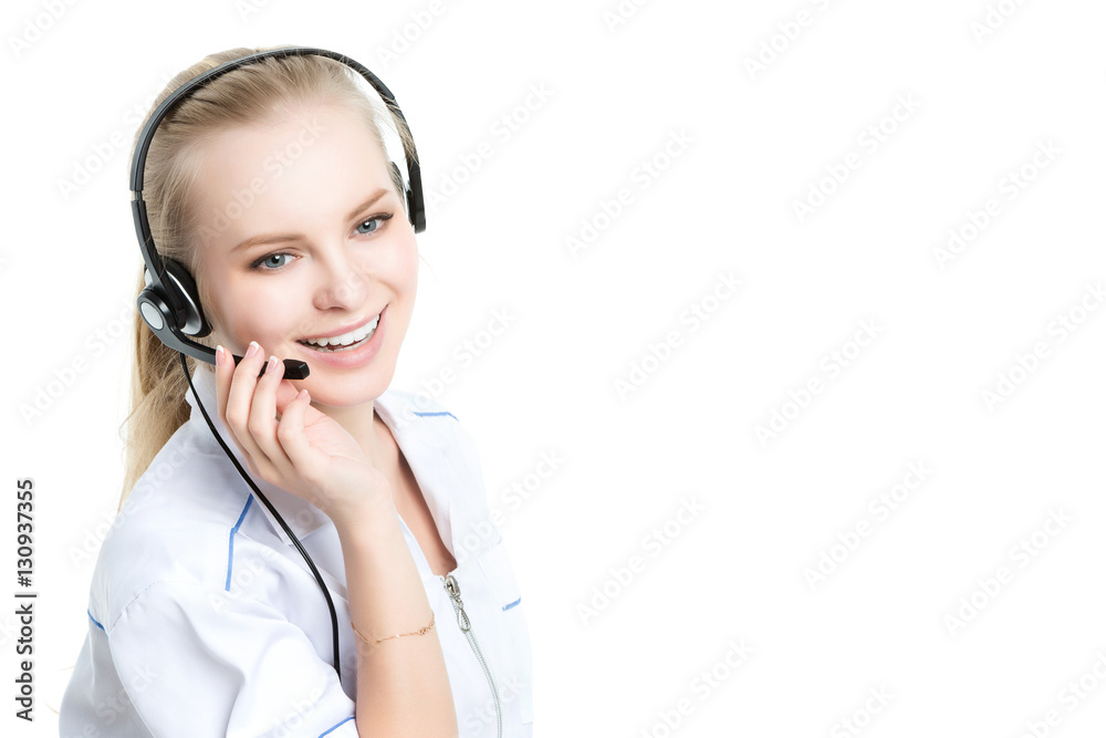 Attractive nurse with headset isolated on white background. Attractive nurse with headset isolated on white background.