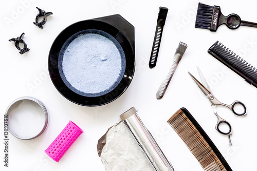 Tools for hair dye and hairdye top view white background