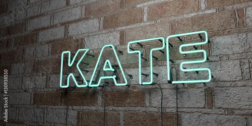 KATE - Glowing Neon Sign on stonework wall - 3D rendered royalty free stock illustration.  Can be used for online banner ads and direct mailers..
