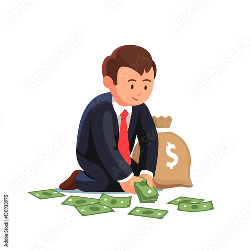 Sitting businessman collecting cash from the floor