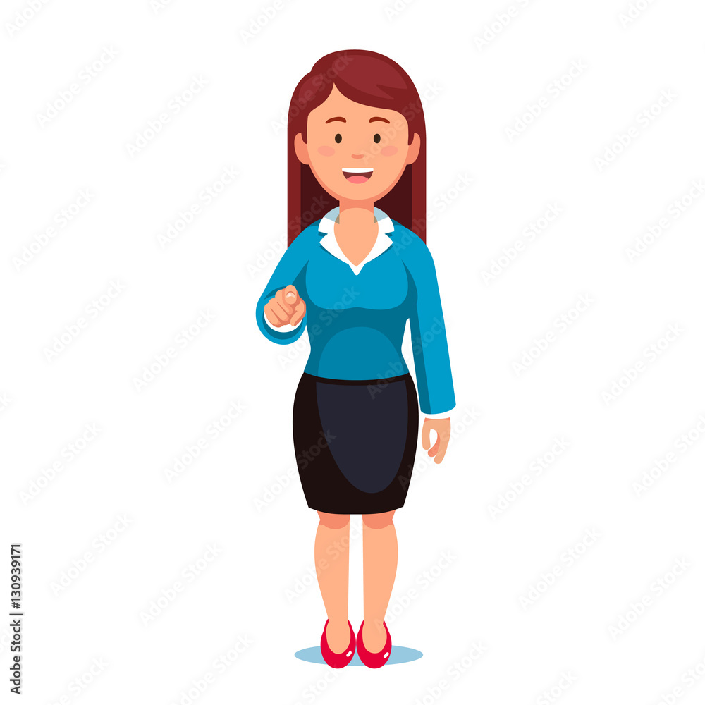 Businesswoman pointing with index finger at viewer Businesswoman pointing with index finger at viewer