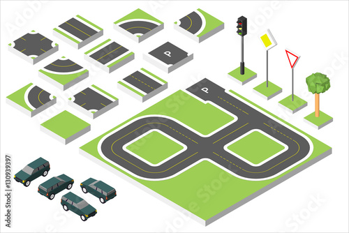 Set Isometric road and Vector Cars, Common road traffic regulatory. Vector illustration eps 10 isolated on white background.