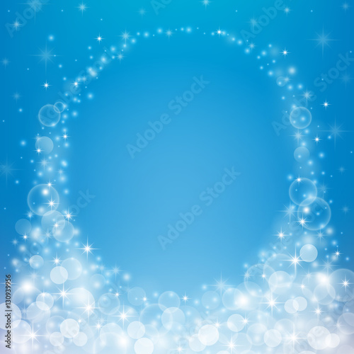 Magical blue colored background with bokeh lights, stars and sparkles. Vector illustration.