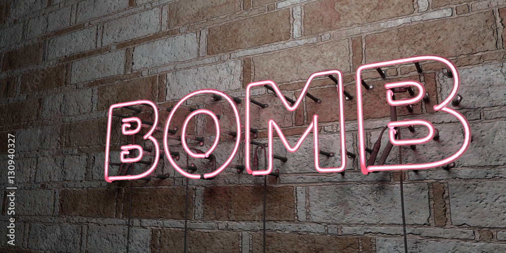Fototapeta premium BOMB - Glowing Neon Sign on stonework wall - 3D rendered royalty free stock illustration. Can be used for online banner ads and direct mailers..
