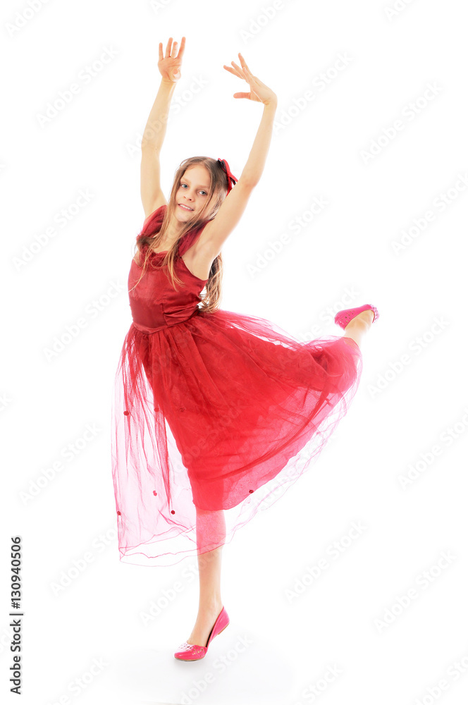 Little beautiful girl dancing in princess dress 